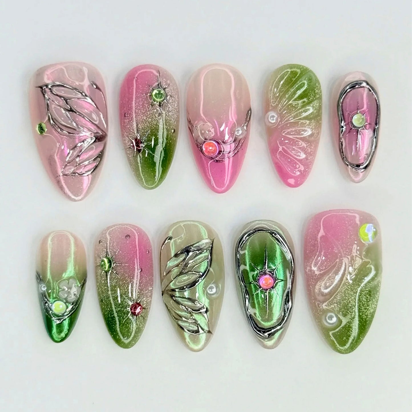 24PCS Sweet Purple Gradient French False Nails with Glue 3D Flowers Butterfly Ripples Almond Press on Nails Aurora Nails Patches