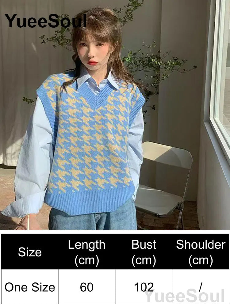 Blue Argyle Women's Vest Plaid Sleeveless Pullover Loose Knitted Sweater Vest 2026 New Autumn Y2K Casual Oversized Waistcoat