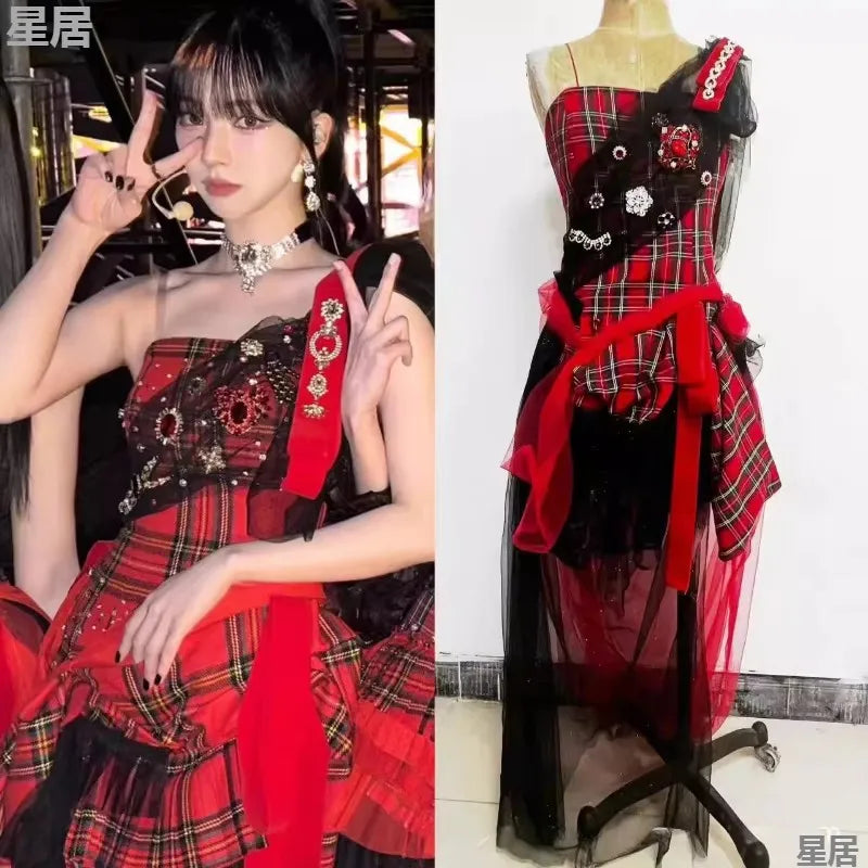 2025 Summer Korean Singer Party Dance Clothing Hip Hop Red Mesh Plaid Long Dress Nightclub DJ Sexy Festival Stage Rave Outfits