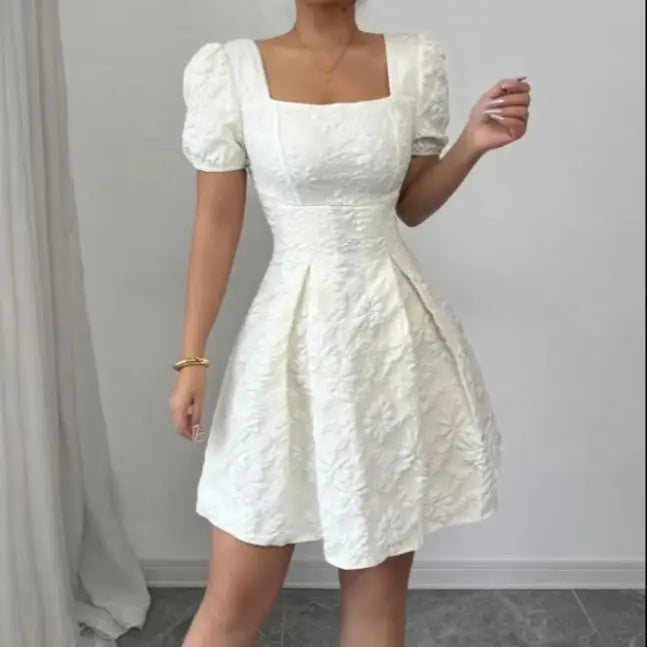 Smvp Ladies' light blue jacquard A-line dress, square neck, puffed sleeves, high waist, elegant and casual short dress