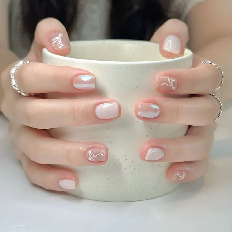 24pcs Cute Girly Short Square False Nails Sweet White French Nail Glitter Star Rhinestones Nail Art Cat Eye Bow Press On Nails