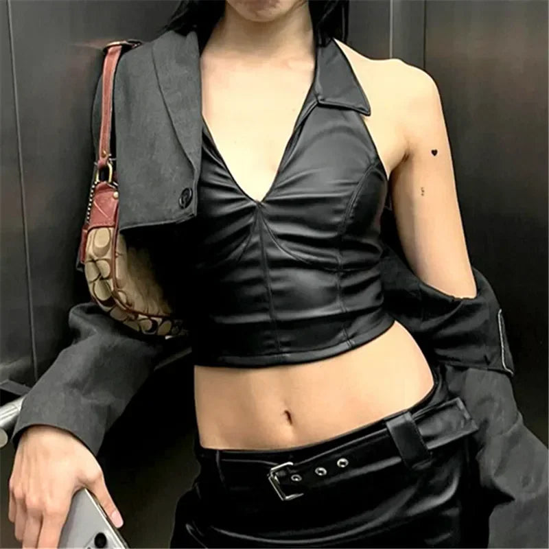 2025 New Vintage Dark Faux Pu Leather Hlater Crop Tops Gothic Cyber Y2K Backless Zip Tanks Top Women Retro Sleeveless Tee Vests