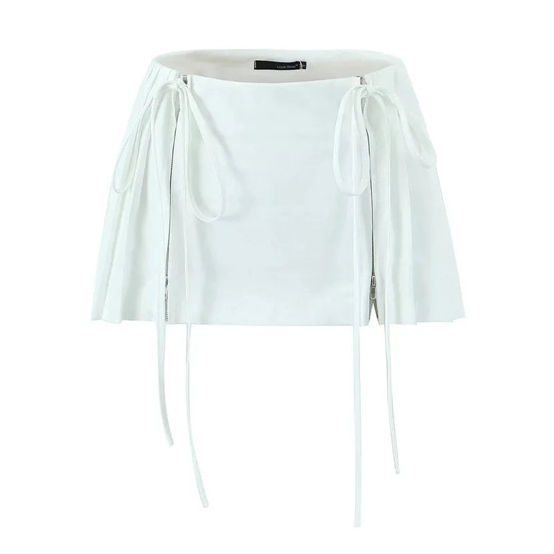 Sexy Lace Up Double Zipper Pleated Mini Skirt 2026 New Summer Fashion Elegant Women Low Waist Skirts Outfits Bottom Y2K