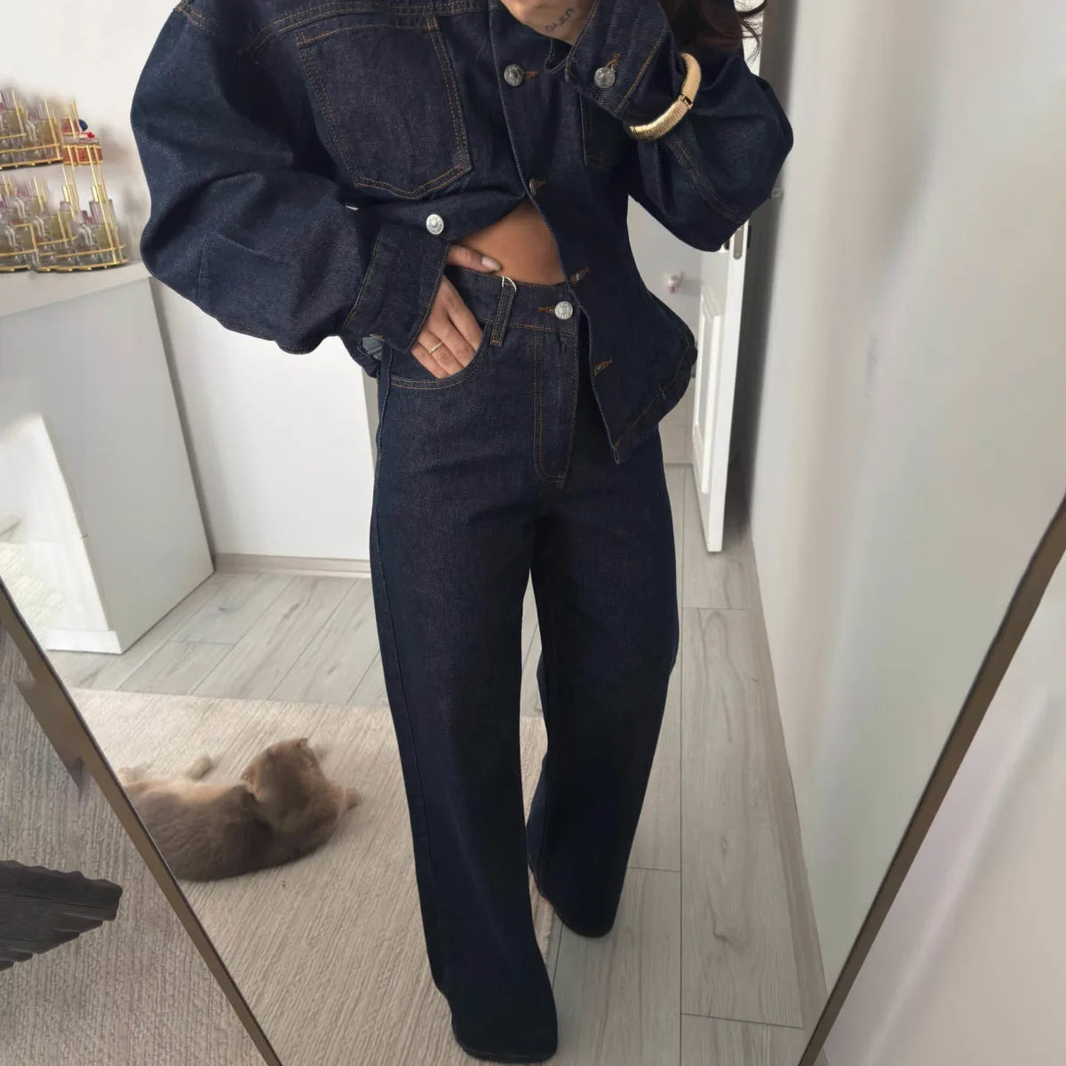 KT Dark Blue Denim Suit Women Oversized Puff Sleeve Fitted Denim Jacket & High Waist Wide Leg Pants 2026 New Arrival