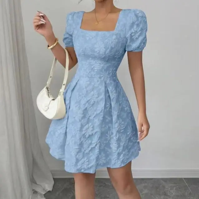 Smvp Ladies' light blue jacquard A-line dress, square neck, puffed sleeves, high waist, elegant and casual short dress
