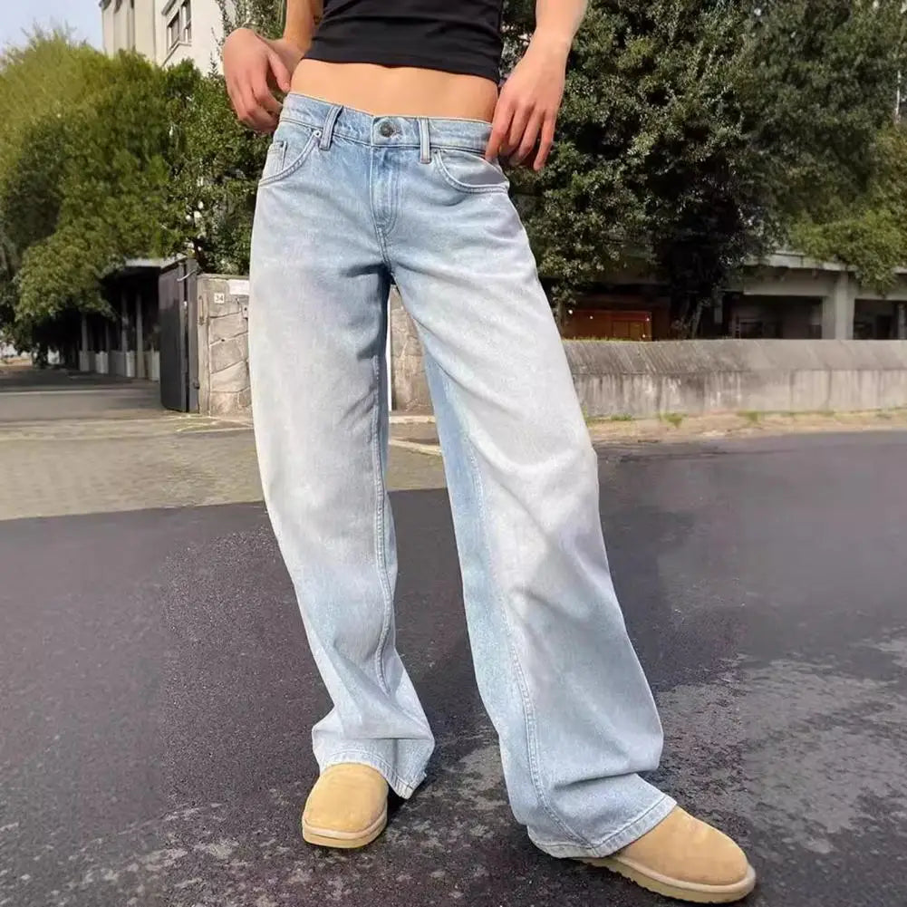 Classic Blue Jeans for Women Straight Leg Stretchy Denim Trousers Simple Design Retro Style Elastic Waist ﻿
