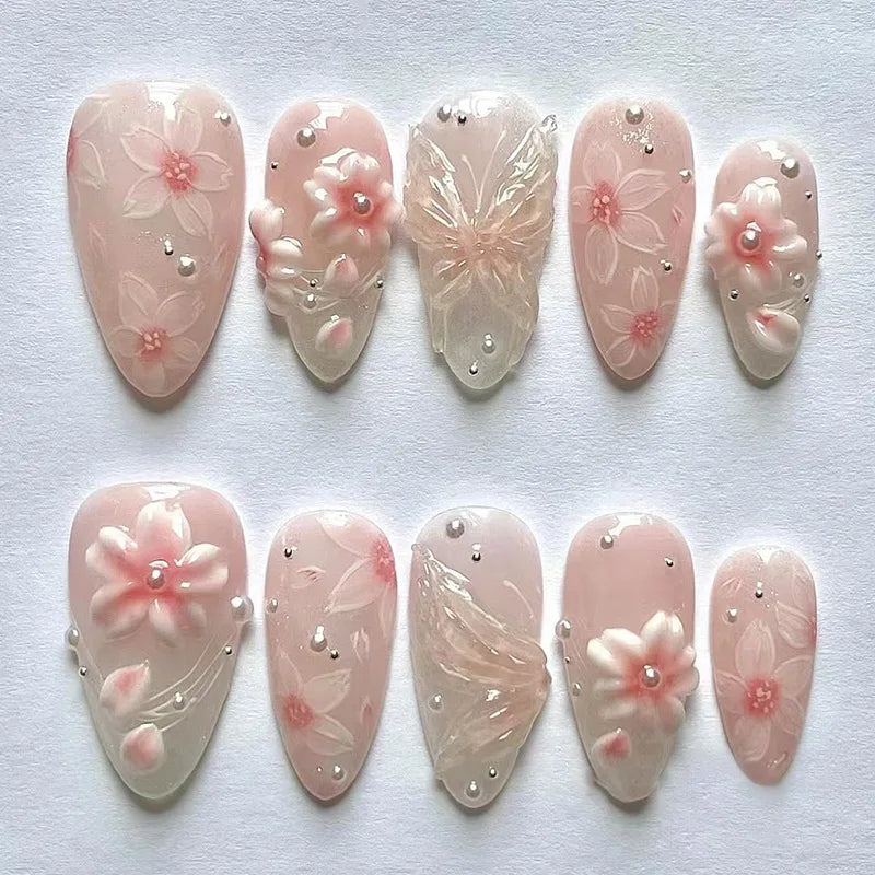 Almond 3D Flower Gradient Pearl Press-On Nails