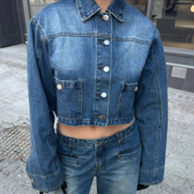 Lapel Woman's Denim Short Jacket Pants 2 Piece Sets Vintage Long Sleeves Denim Short Tops Dragging Baggy Low Rise Jeans Pants