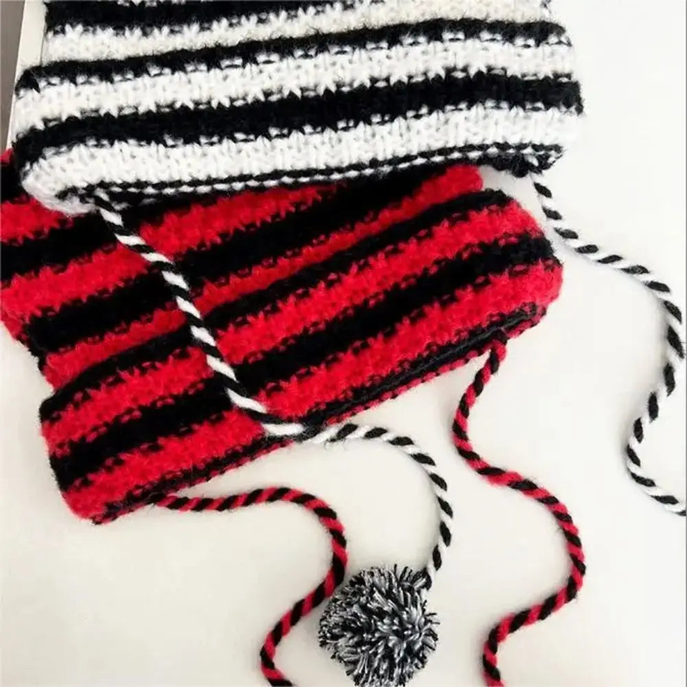 Fshion Y2K Knitting Striped Beanie Hat Cute Wool Hanging Ball Knitted Beanie Hat Cat Ears Pointed Pullover Hats Autumn Winter