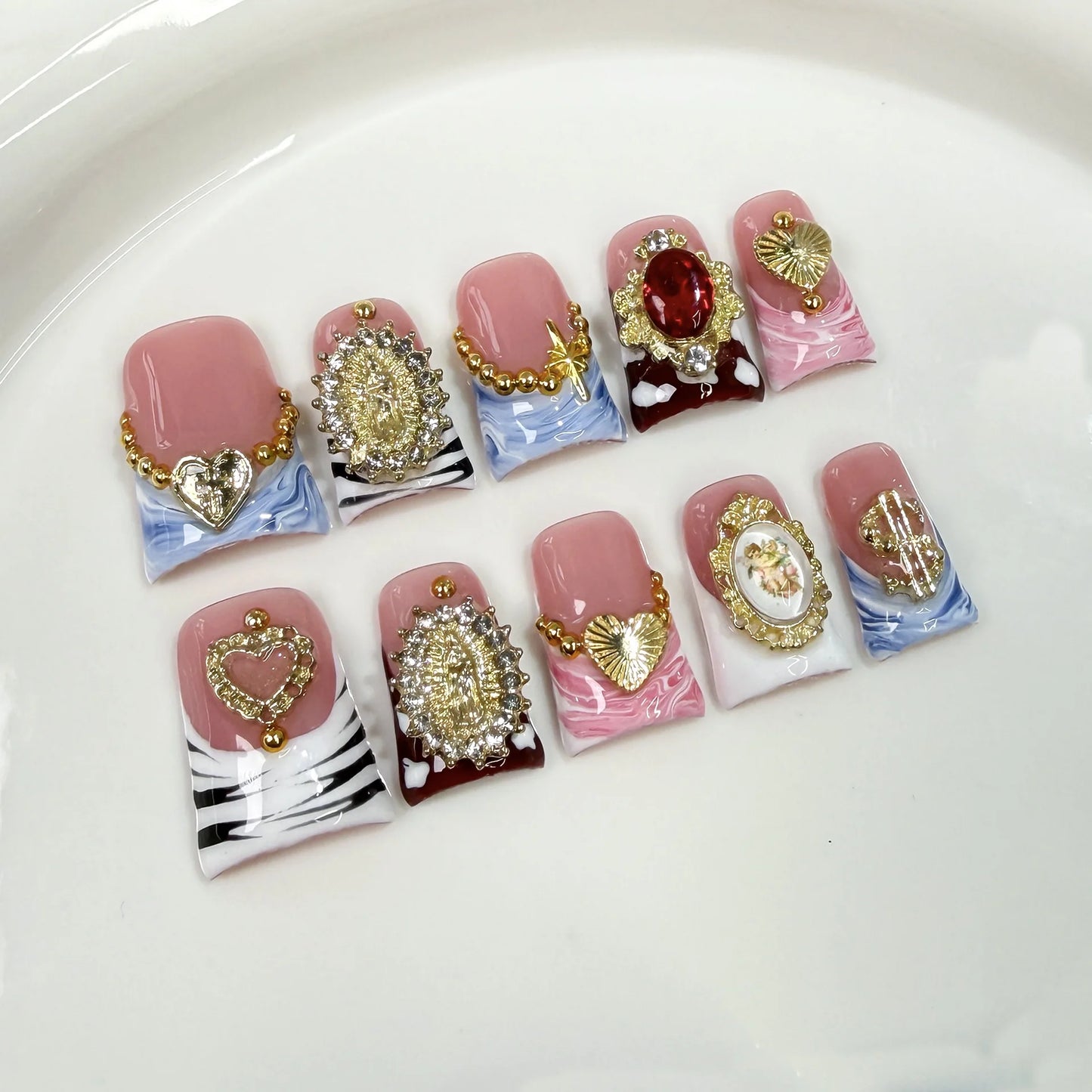 10pcs French Duck Bill Fake Nails 3D Heart Ruby Nail Art Metal Rhinestone Handmade Press on Nails Luxurious Romantic False Nails
