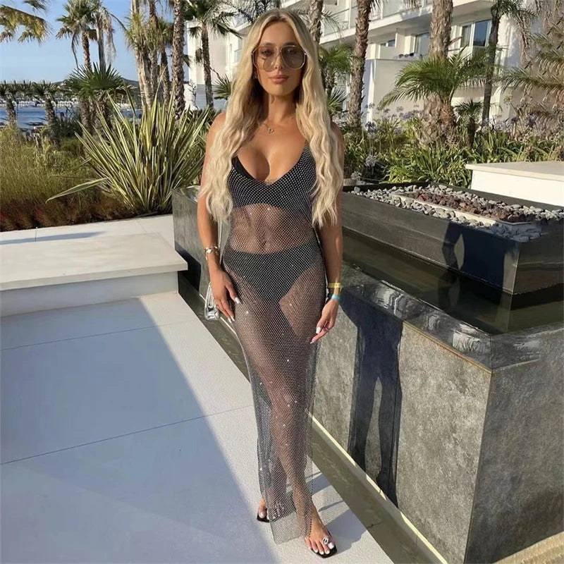 Women Evening Party Glitter Long Dress Sexy Side High Slit Black Shining Luxury Spaghetti Strap High Split Dresses with Sequins