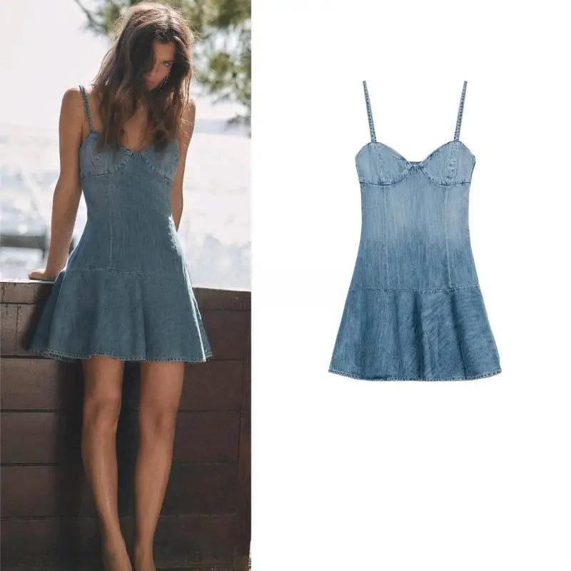 Casual Retro Style Heart Collar Denim Mini Dress Women Sleeveless Slimming Waist Strapless A-Line Skirt Summer Spring Streetwear