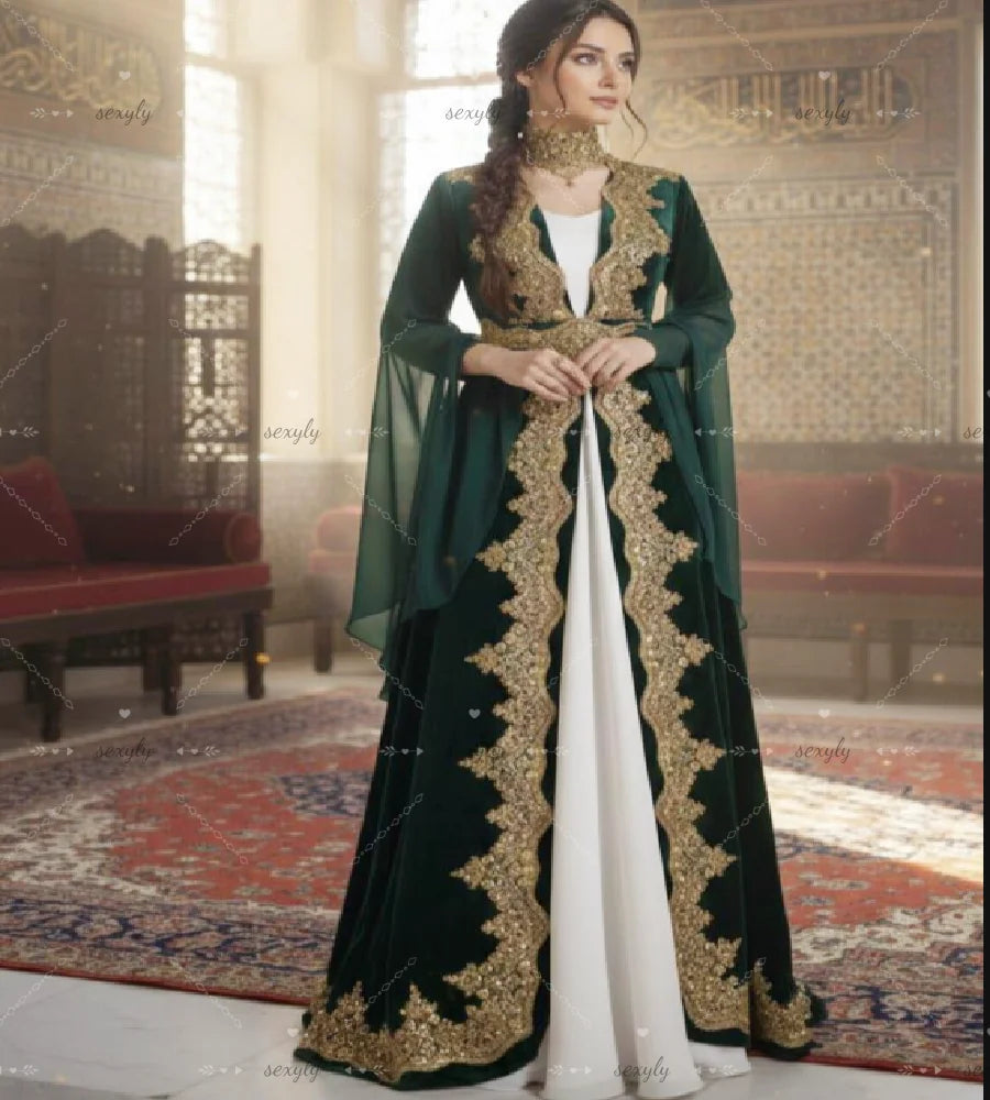 Historical Ottoman Caftan Evening Dress With Gold Lace Vintage Green Turkish Costume Prom Dress 2026 Abaya Formal Occasion Party