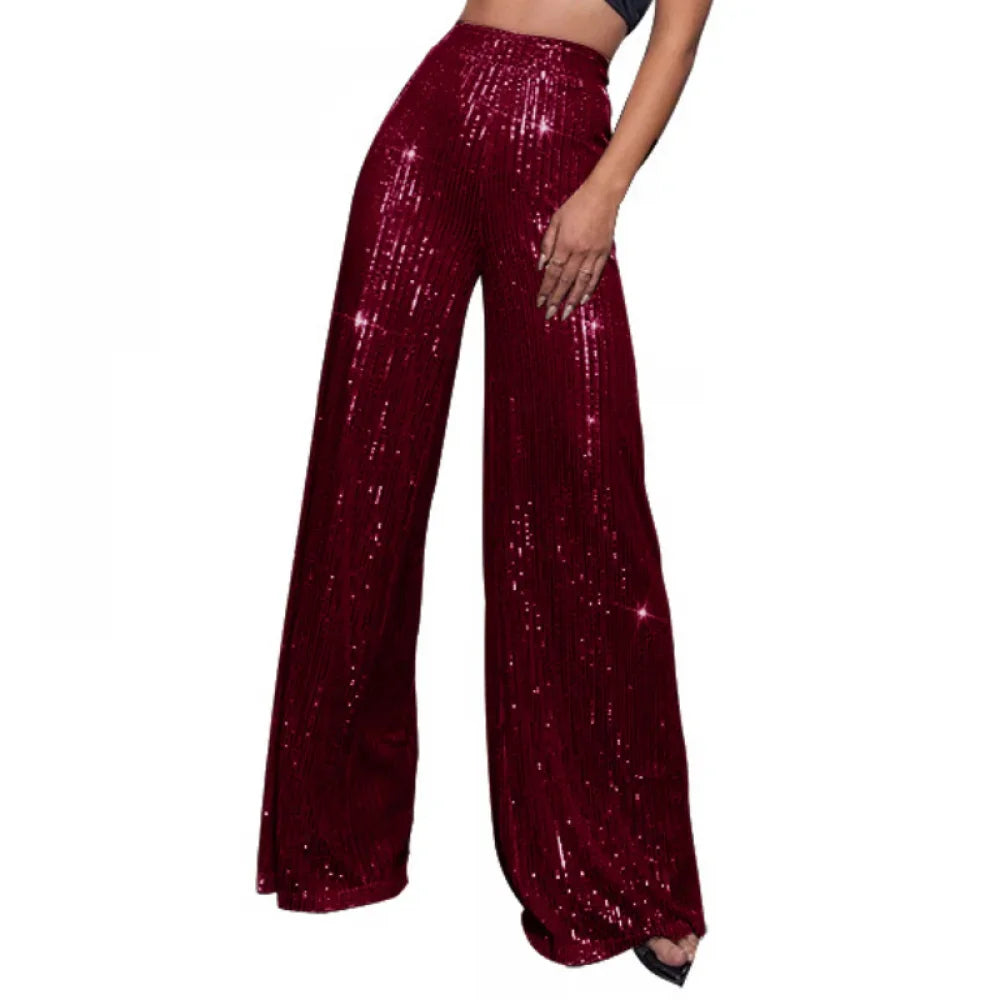 New Women Casual Sequin Sparkle Glitter Pants High Waist Flared Pants Elastic Loose Wide Disco Trousers Clubwear  Costumes