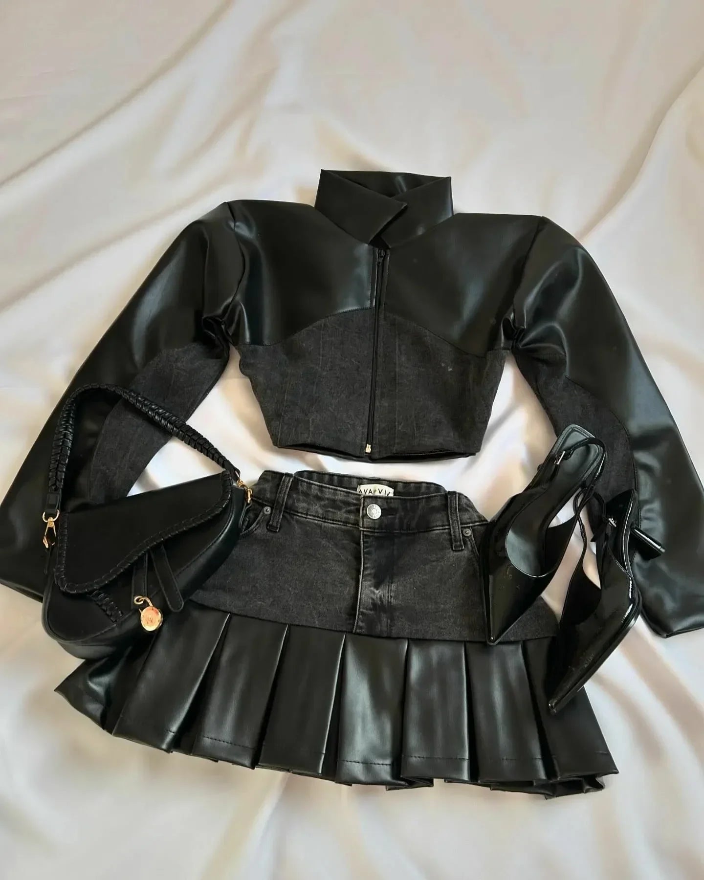 Y2K Black Leather Spliced Piece Set Denim Two Women Harajuku Zipper Long Sexy Sleeved Jacket Pleated Skirt Motorcycle Suit