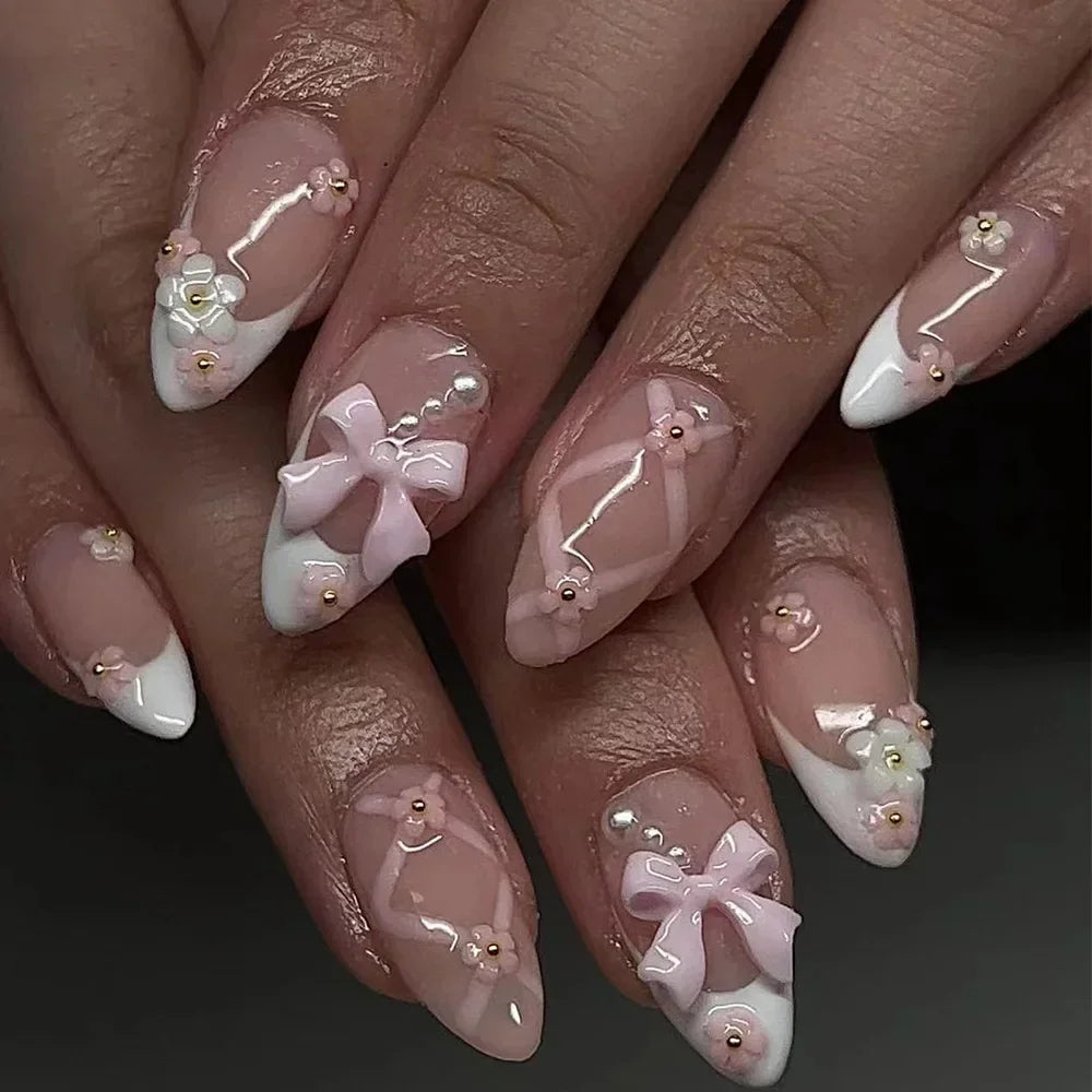 24Pcs Almond Press-On Nails in Pink Cat Eye with Heart & Strawberry Designs – Glossy Acrylic Stick-On Nails for Women & Girls