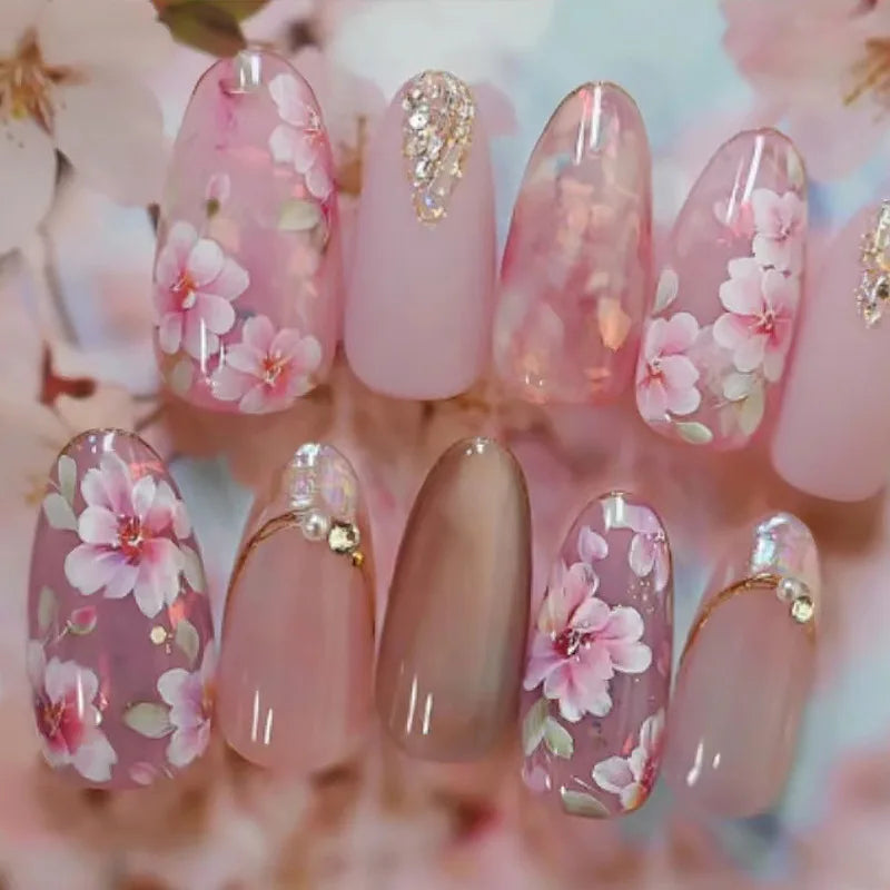 24pcs/30pcs/set Medium long 3D fake nails flowers golden foil bow rhinestones pink white leopard nail tips press on false nails