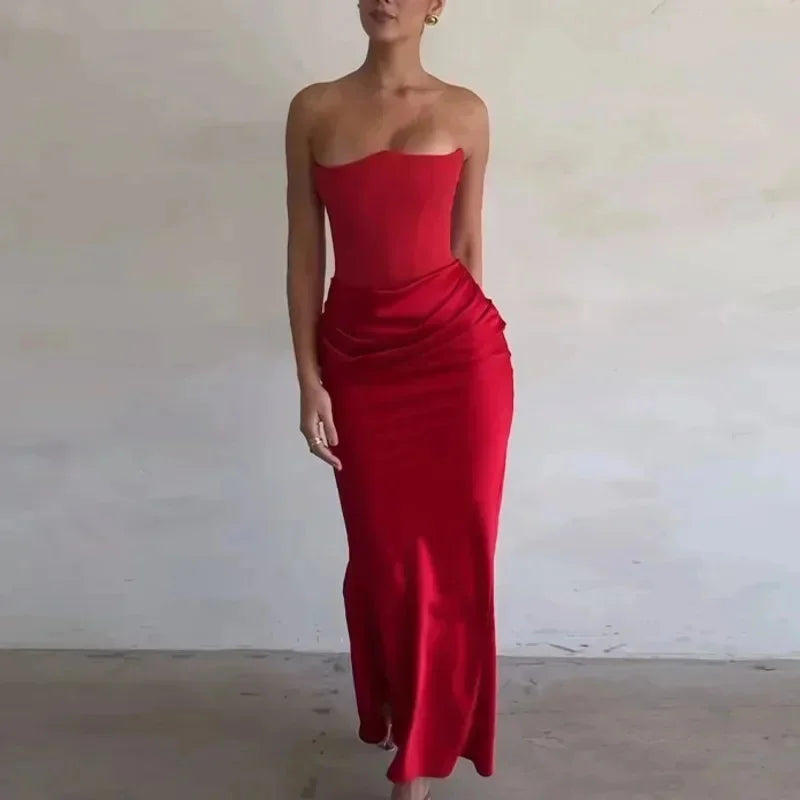 Sexy Satin Corset Dress Women Fashion Strapless Backless Waist Ruched Wrap Slim Dresses Autumn Lady Evening Party Club Vestidos