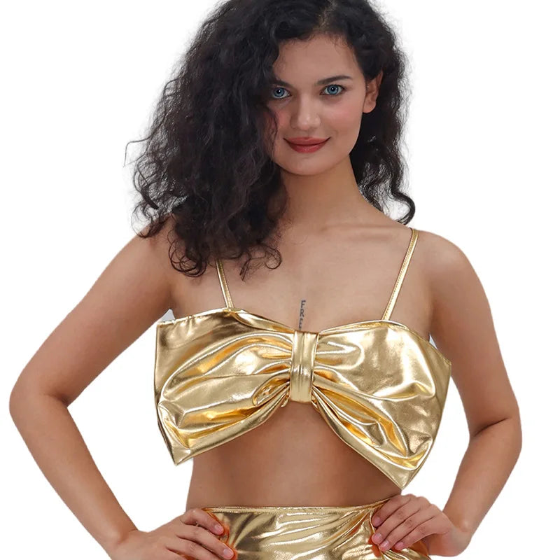 Bow Tie Sexy Spaghetti-strap Top Gilded Lacquered Costume Stage Performance Outfits Sweet Clothes for Women Summer