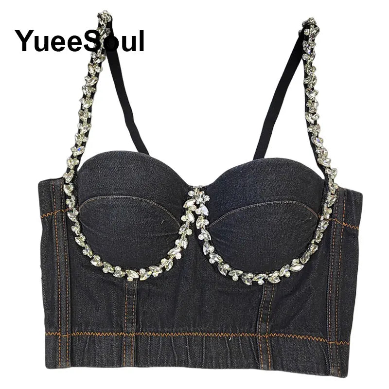 Denim Crop Tops Pearl Tassel Diamond Flower Blue Sleeveless Sexy Corset 2000s 2026 Summer New Y2K Party Evening Woman Clothes