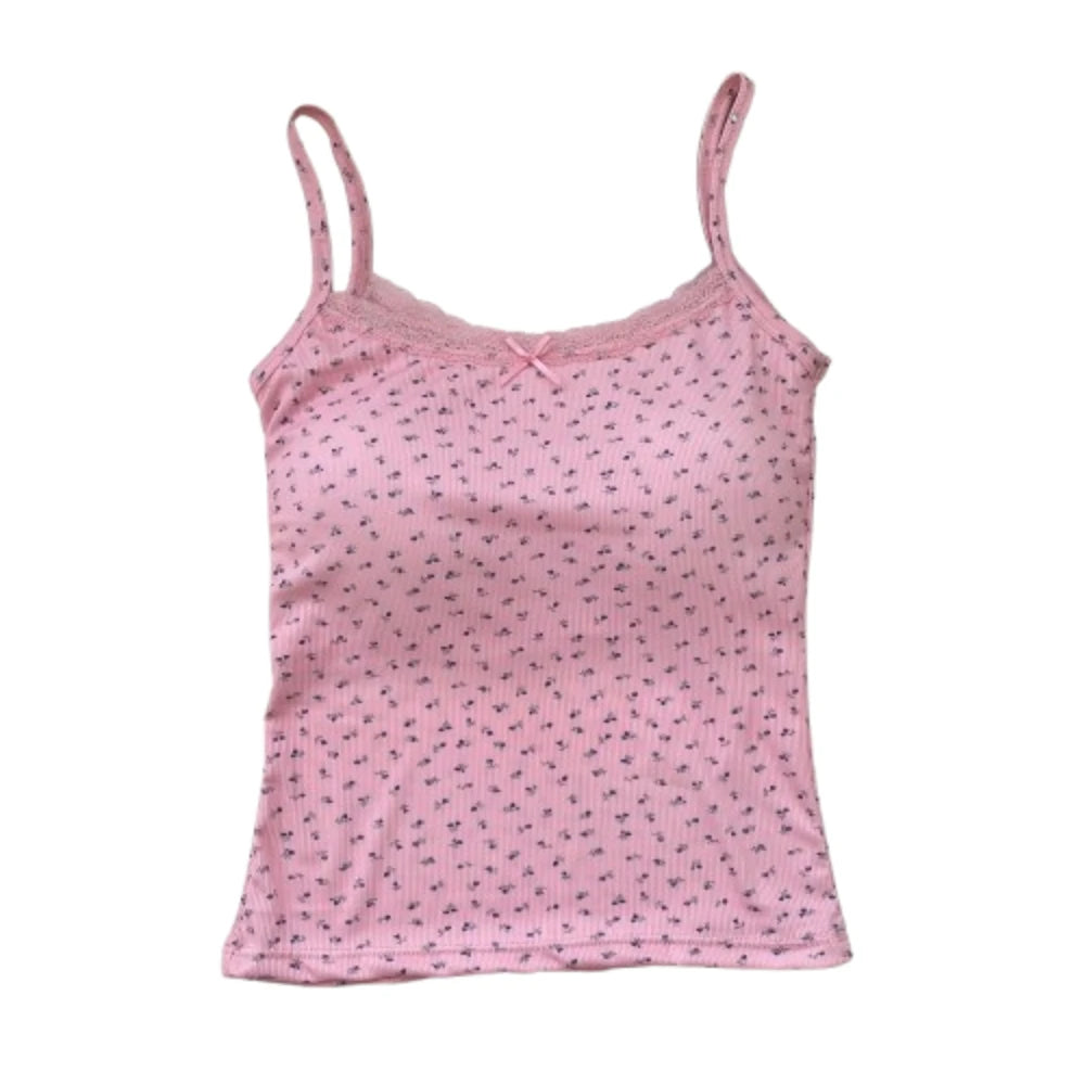 Elegant Sweet Floral Tank Tops Bowknot with Cups Pad Lace Vest T-Shirt Sleeveless Casual Y2k Crop Top Spring Summer