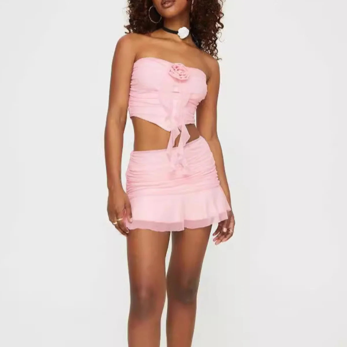 Pink Sweet Layered Mini Skirt Set Strapless Crop Top Ruffled Short Skirt Sets Women Sexy Fashion Tops Clubwear Summer Y2K Outfit