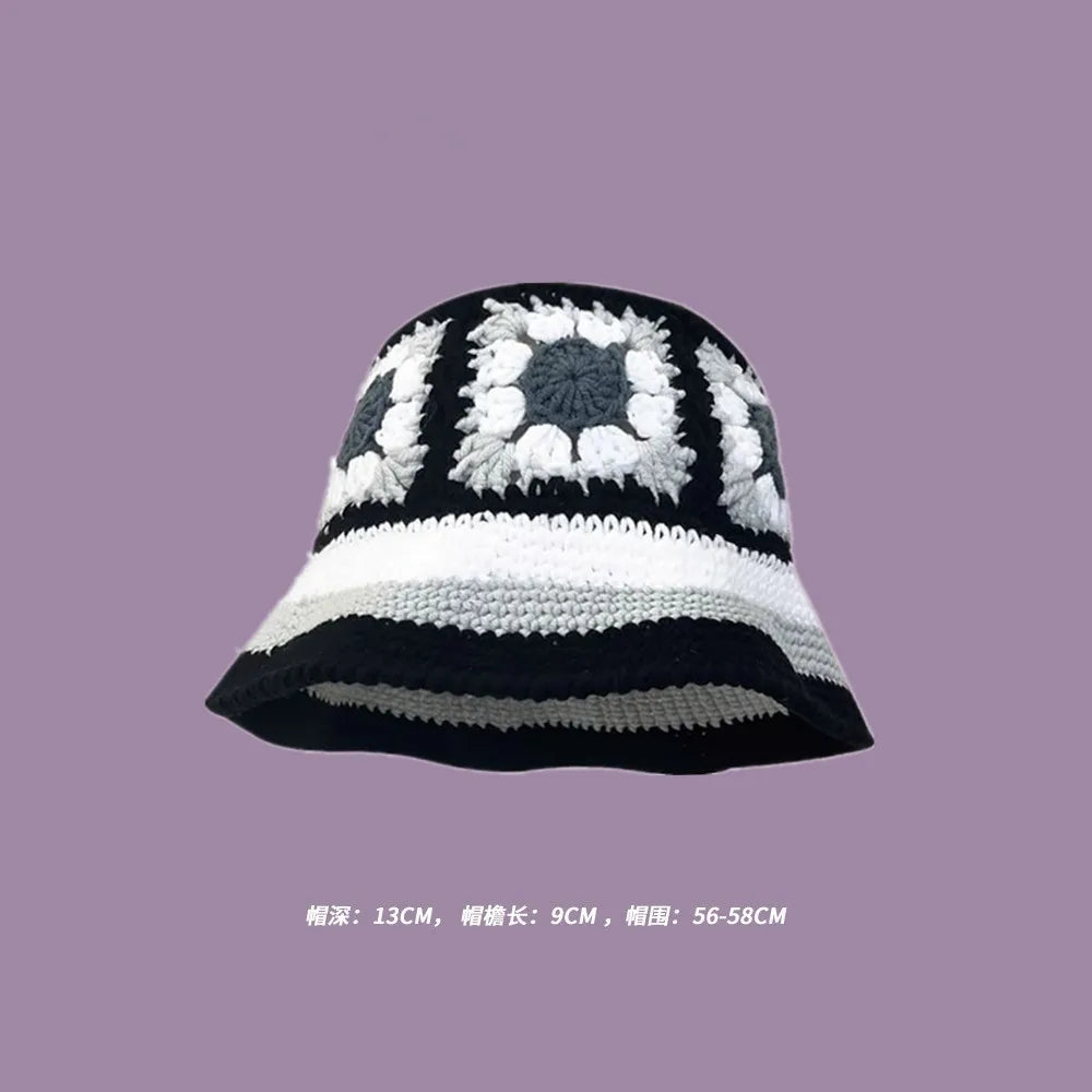 2023 Autumn New Crochet Korean Handmade Bucket Hat Women Weaving Knitted Hat  Fashion Flowers Autumn Winter Beanies Basin Cap
