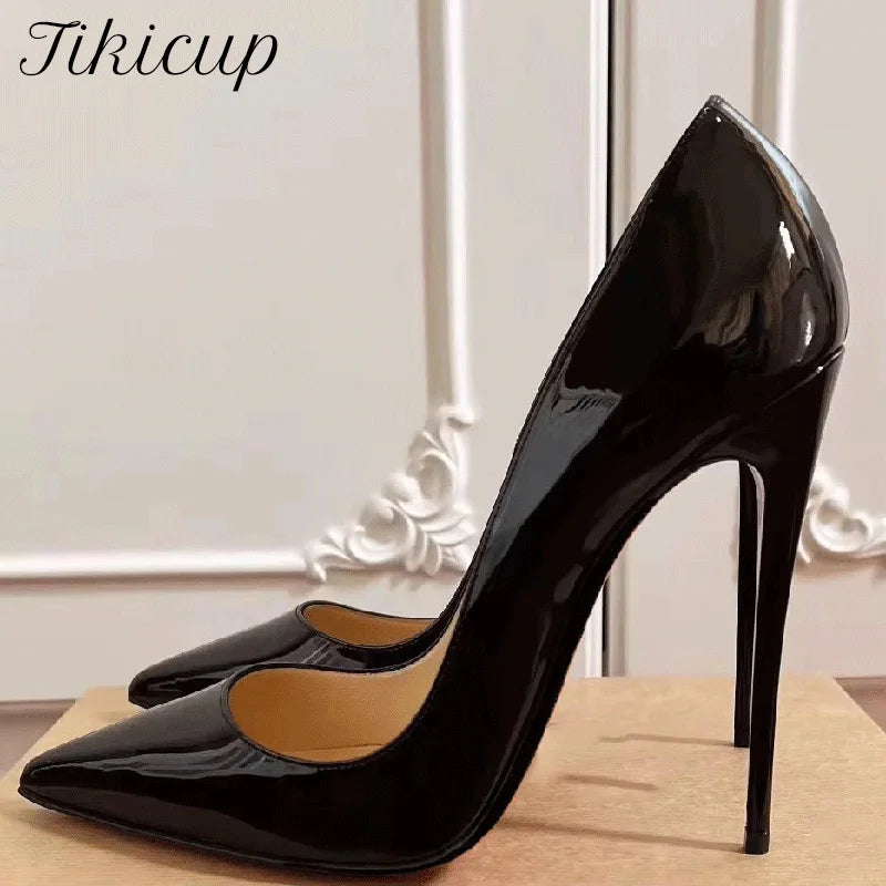 Tikicup Classic Black Patent Pointed-Toe Stiletto High Heels red sole for Women Elegant Evening Party & Formal Occasion Footwear Big Size