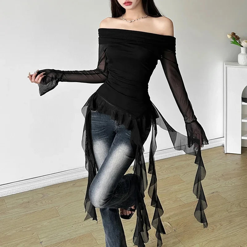 Y2K Slash Neck White T Shirt Women Sexy Streetwear Irregular Ruffles Black Mesh Crop Tops Gyaru Harajuku Grunge Long Sleeve Tees