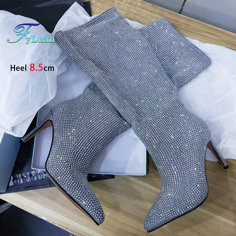 Gorgeous Rhinestones Boots Full Crystal Diamond Star Stage Shoes Women Pointy Knee-high 8.5CM Thin Heel Glitter Party Long Boots