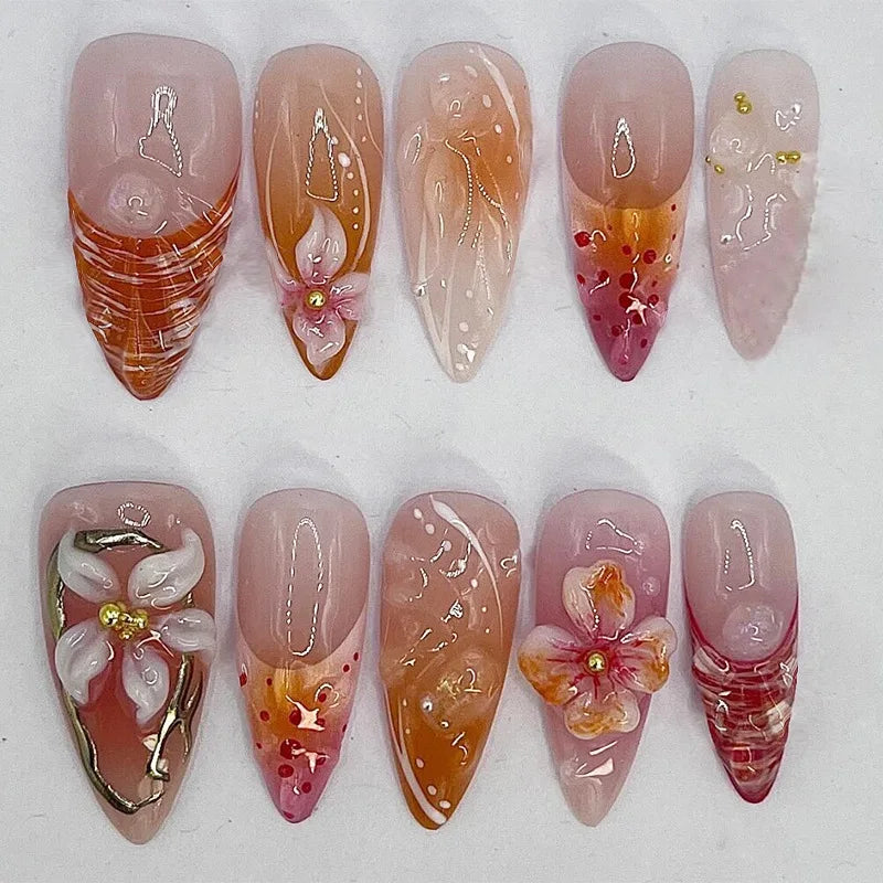 30pcs 3D Dream Rose Press on Nails Heart & Animal Wave Fake Nail Short Almond Full Coverage Nail for Women&Girl False Nail Art