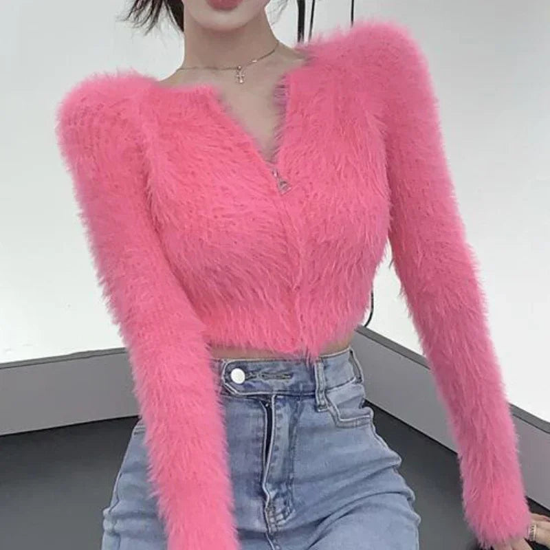 OL Korean Fashion Zipper Fluffy Cardigan Woman Autumn O Neck Long Sleeve Office Sweater Women Sweet Cropped Top Dropshipping