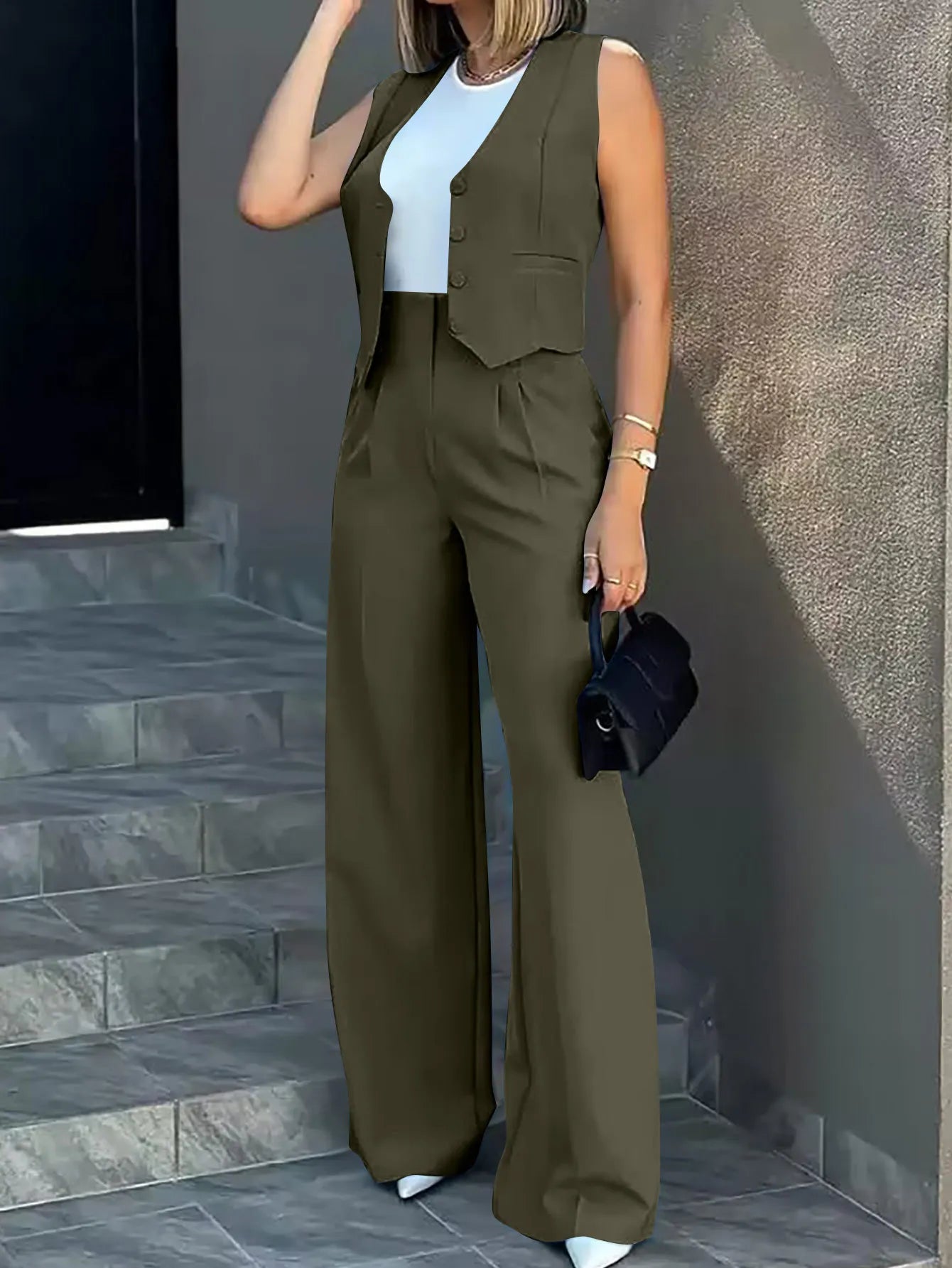 Women's Casual Waistcoat Wide Leg Pants Suit Elegant Sleeveless Vest Trousers 2 Pieces Set Solid Color Commuter Lady  Pants Set