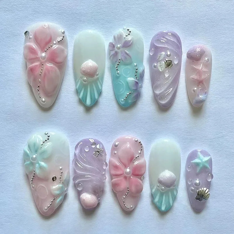 Almond 3D Flower Gradient Pearl Press-On Nails