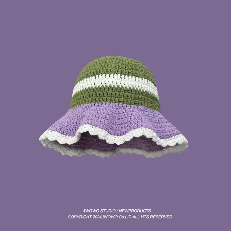 2023 Autumn New Crochet Korean Handmade Bucket Hat Women Weaving Knitted Hat  Fashion Flowers Autumn Winter Beanies Basin Cap