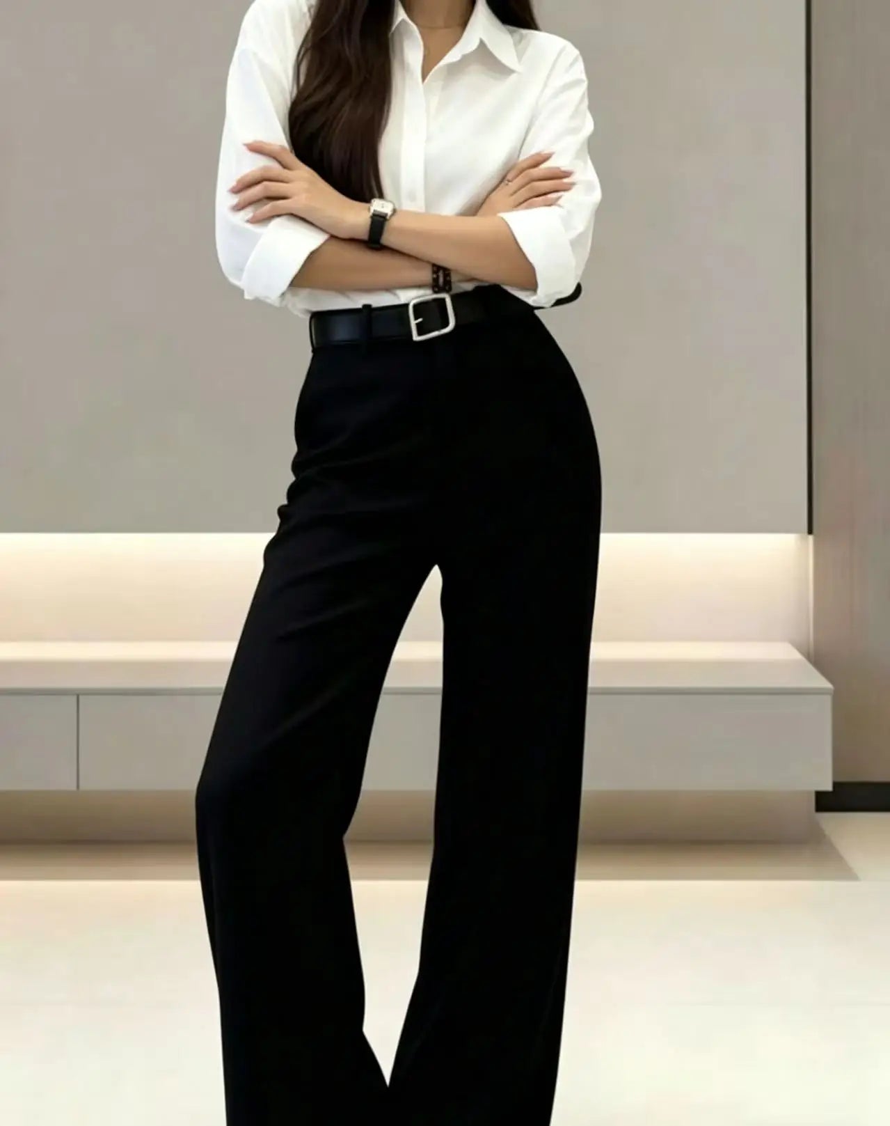 Women Black High Waist Wide Leg Suit Pants With Belt Elegant Office Business Formal Trousers Straight Leg Workwear Pants