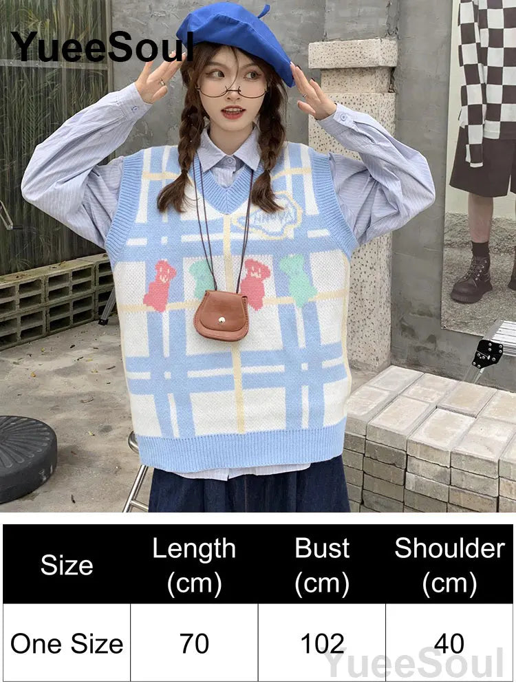 Blue Argyle Women's Vest Plaid Sleeveless Pullover Loose Knitted Sweater Vest 2026 New Autumn Y2K Casual Oversized Waistcoat