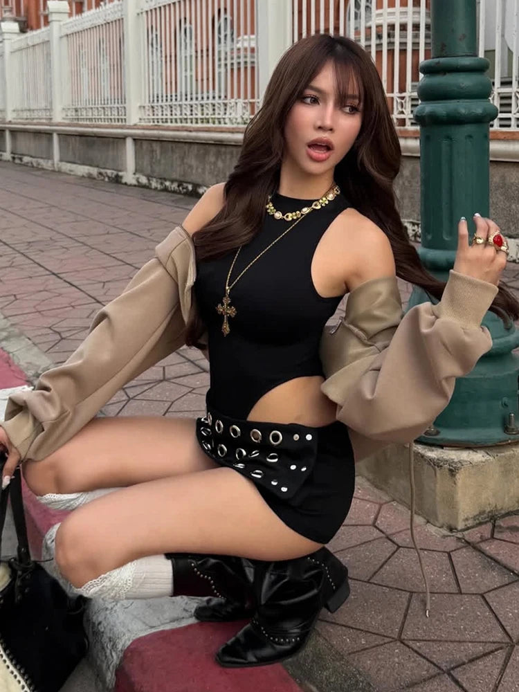 Sisterlinda Hottie Shorts Women Coquette Metal Hollow Sexy Rivet Patchwork High Street Clubwear Trend Stretch Skinny Bottoms