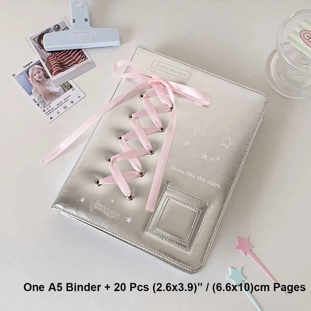 A5 A7 Silver PU Leather Photocard Binder Album Photos Cards Book Pink Bowtie Decor Instax Mini Collect Scrapbooking Scrap Album