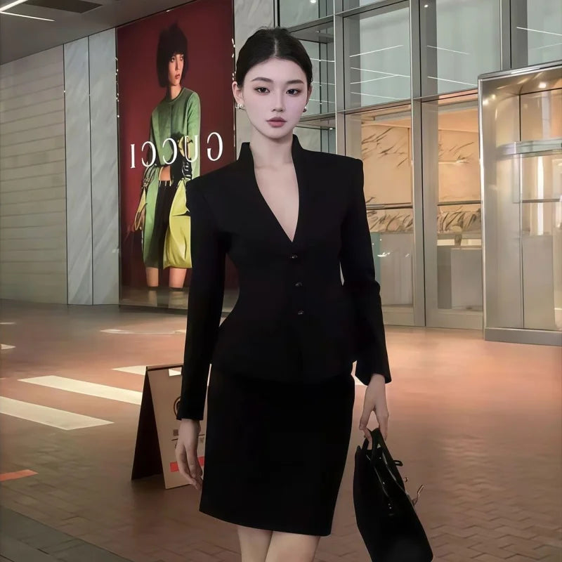 French Elegant Black Suit Women Autumn V-Neck Single Breasted Ruffle Jacket+ Slim Mini Pencil Skirt Office Lady Formal 2pcs Set
