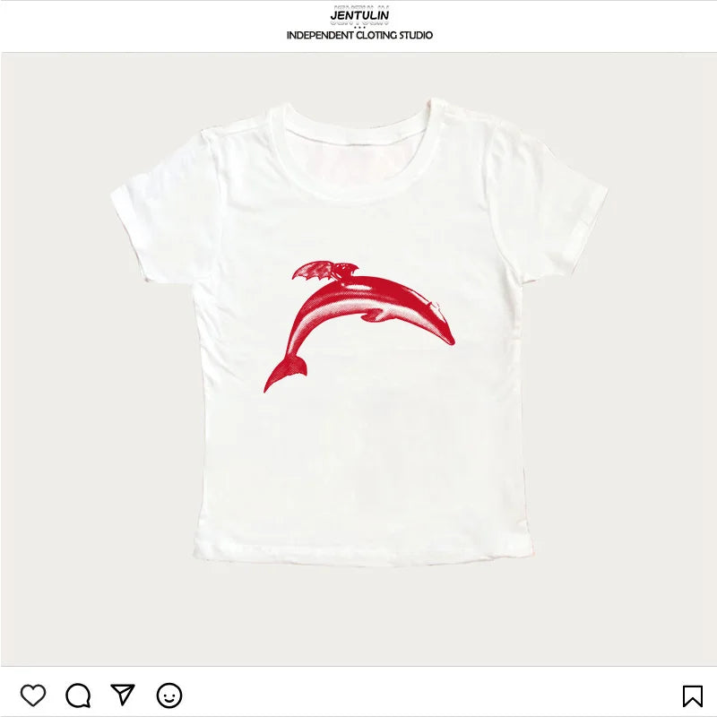 Aesthetic Dolphin Graphic Print Grunge Crop Tops Camisole Tops Vintage Gothic Slim Baby Tees Y2k Style Clothes 2000s Emo Girls