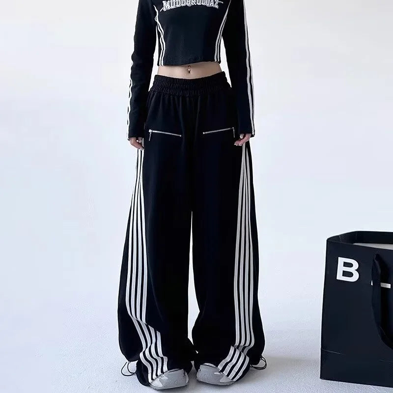 2026 Ropa Y2K Streetwear Striped Patchwork Elastic Waist Baggy New Pants For Women Wide Leg Drawstring Sweatpants Lady Trousers