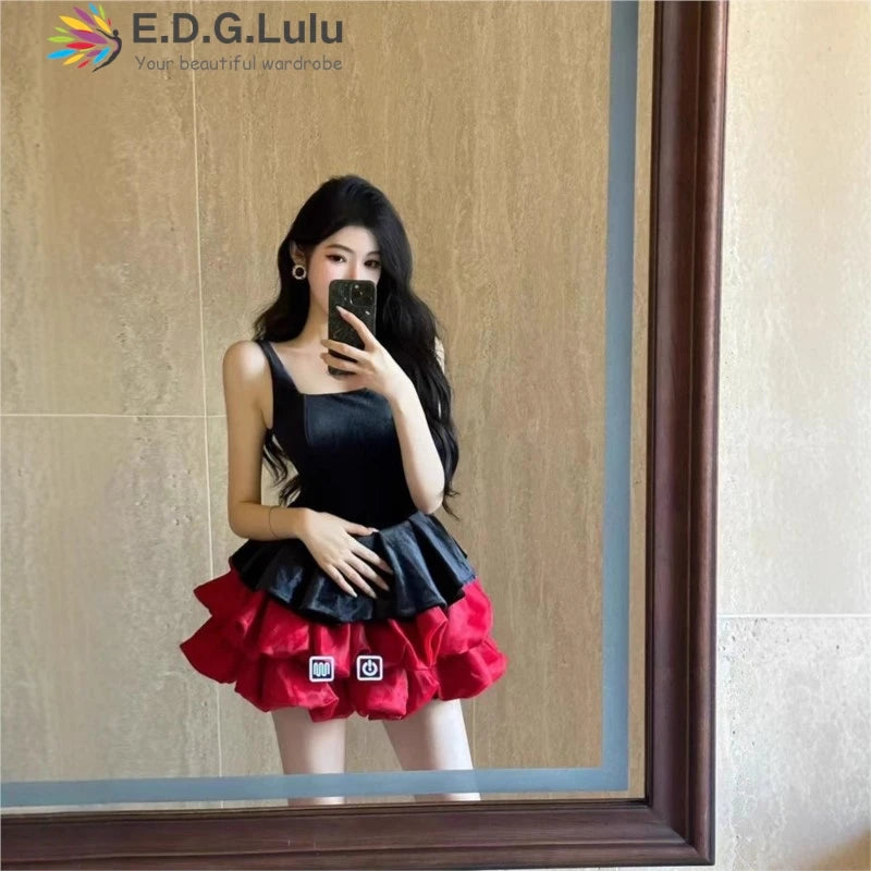 EDGLuLu Sexy Backless Square Collar Sleeveless Mini Dresses For Woman Party Wedding Red Patchwork Black Birthday Dress 1021