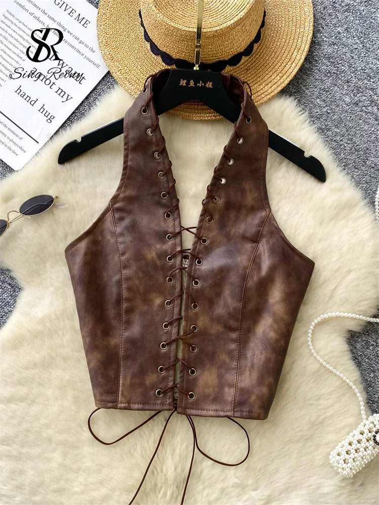 SINGREINY PU Leather Sexy Club Camisole Fashion Hollow Out Lace Up Slim Tank Top Sleeveless Backless Ins Spicy Girl Halter Top