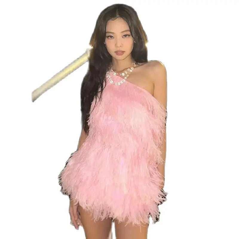 Women Group Kpop Dancer Outfit Pink Diagonal Shoulder Tassels Dress Jazz Dance Clothes Stage Show Gogo Dancer Costume DWY9452