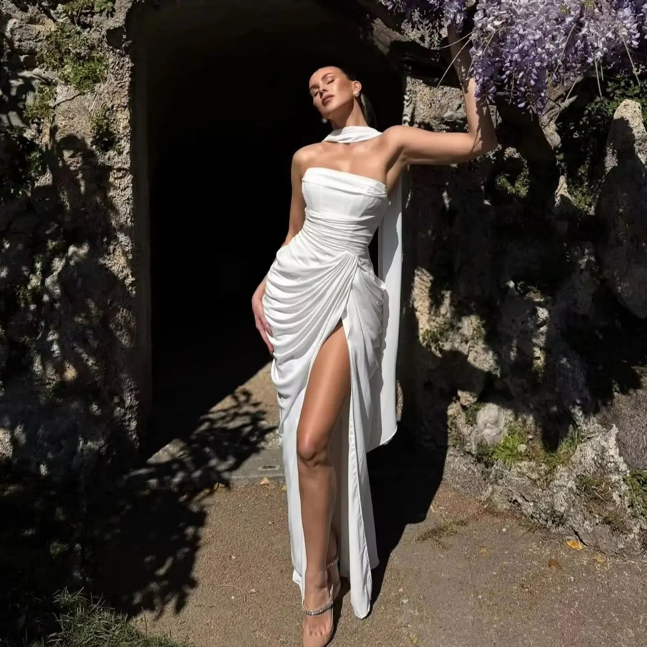 White Strapless Ruched Satin Mermaid Evening Gown | Inspired by Neslihan Atagül