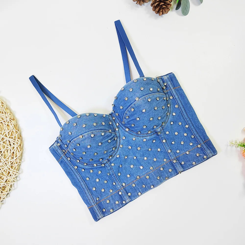 Women's New Denim Full Rhinestone Beaded Spaghetti Strap Bustier Soft Comfort Casual Trendy Versatile Slim Fishbone Crop Bra Top