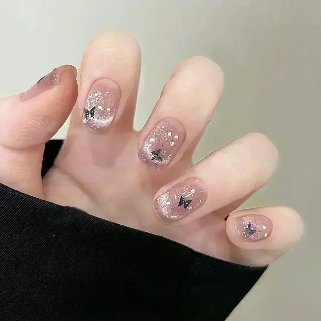 24pcs Cute Girly Short Square False Nails Sweet White French Nail Glitter Star Rhinestones Nail Art Cat Eye Bow Press On Nails