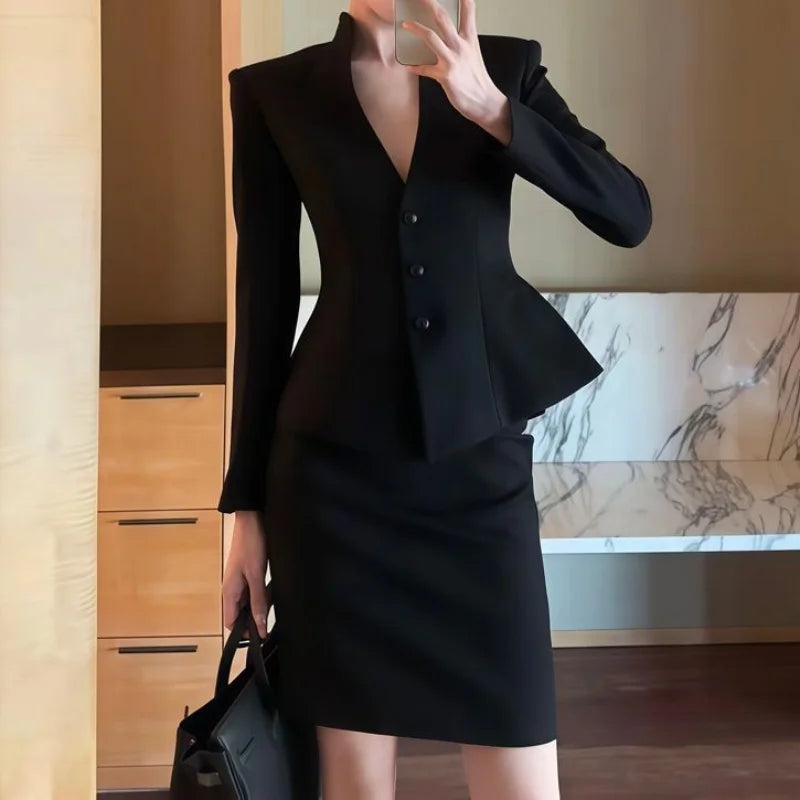 French Elegant Black Suit Women Autumn V-Neck Single Breasted Ruffle Jacket+ Slim Mini Pencil Skirt Office Lady Formal 2pcs Set