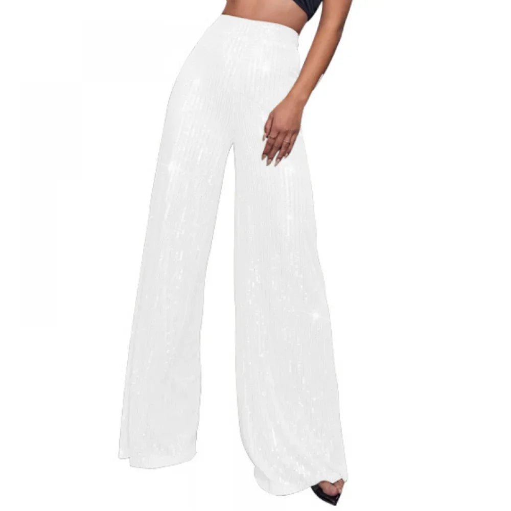 New Women Casual Sequin Sparkle Glitter Pants High Waist Flared Pants Elastic Loose Wide Disco Trousers Clubwear  Costumes